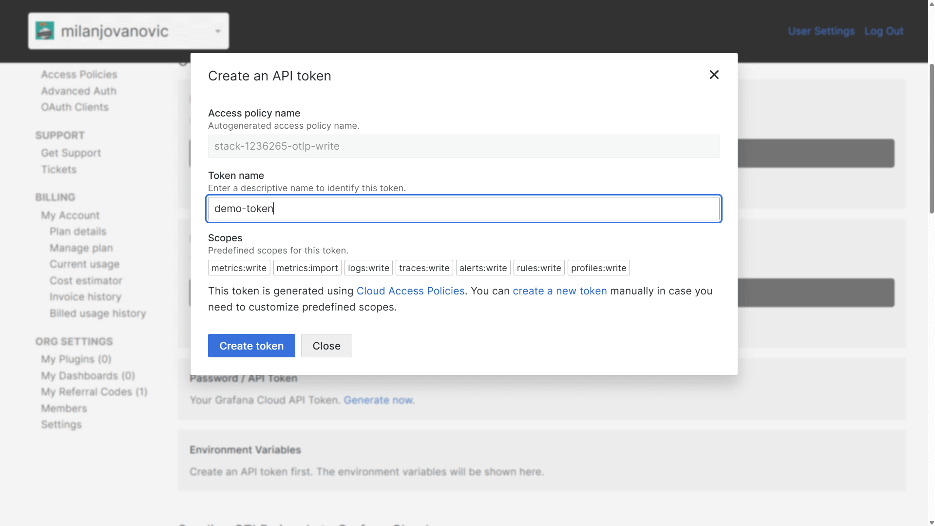Grafana cloud token
