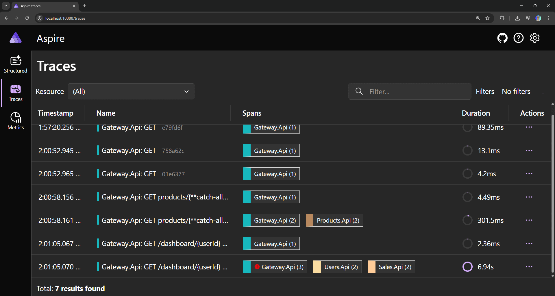 Aspire Dashboard distributed traces