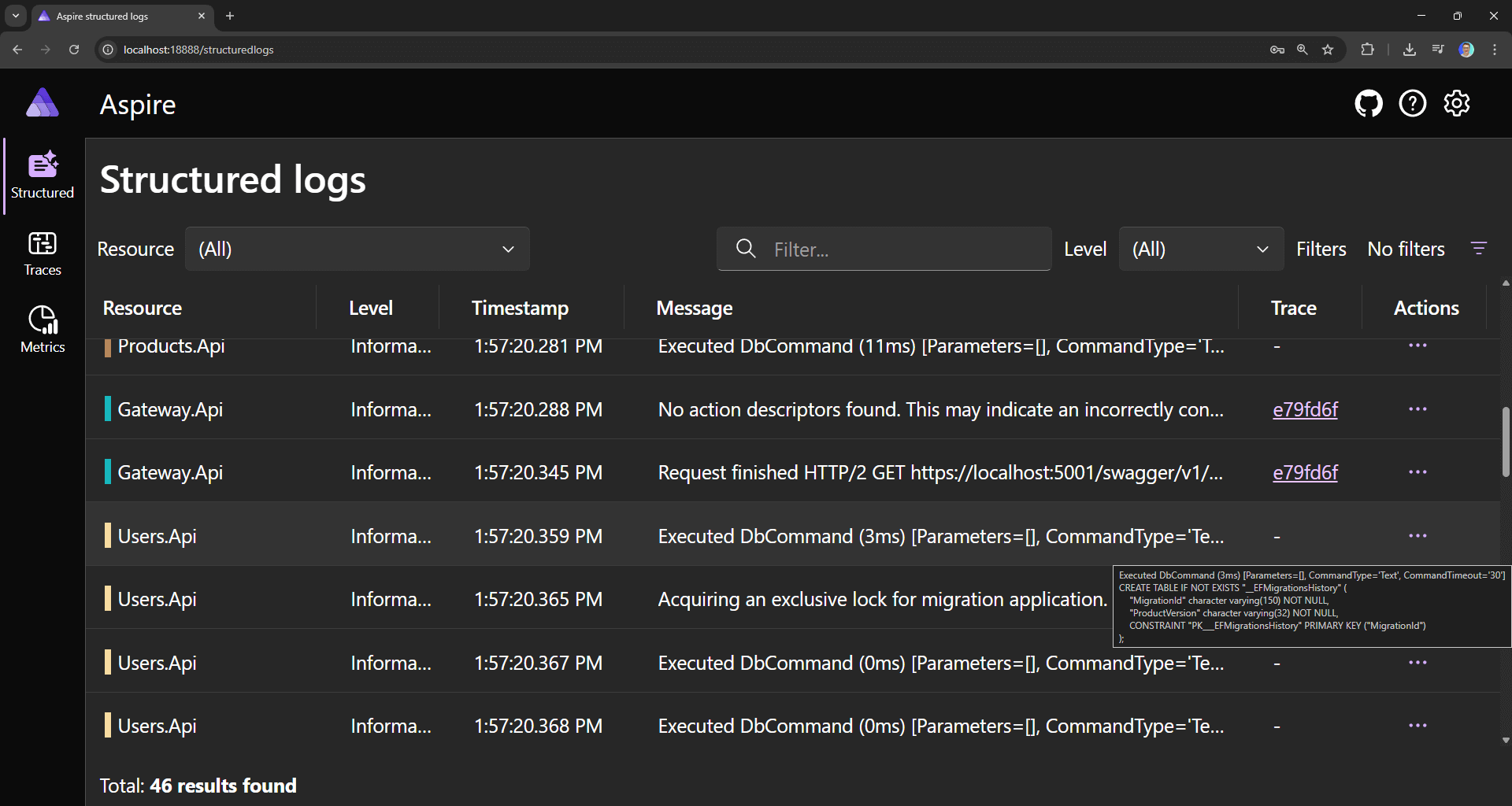 Aspire Dashboard structured logs