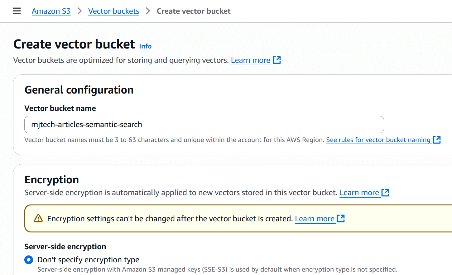 Creating S3 Vectors bucket